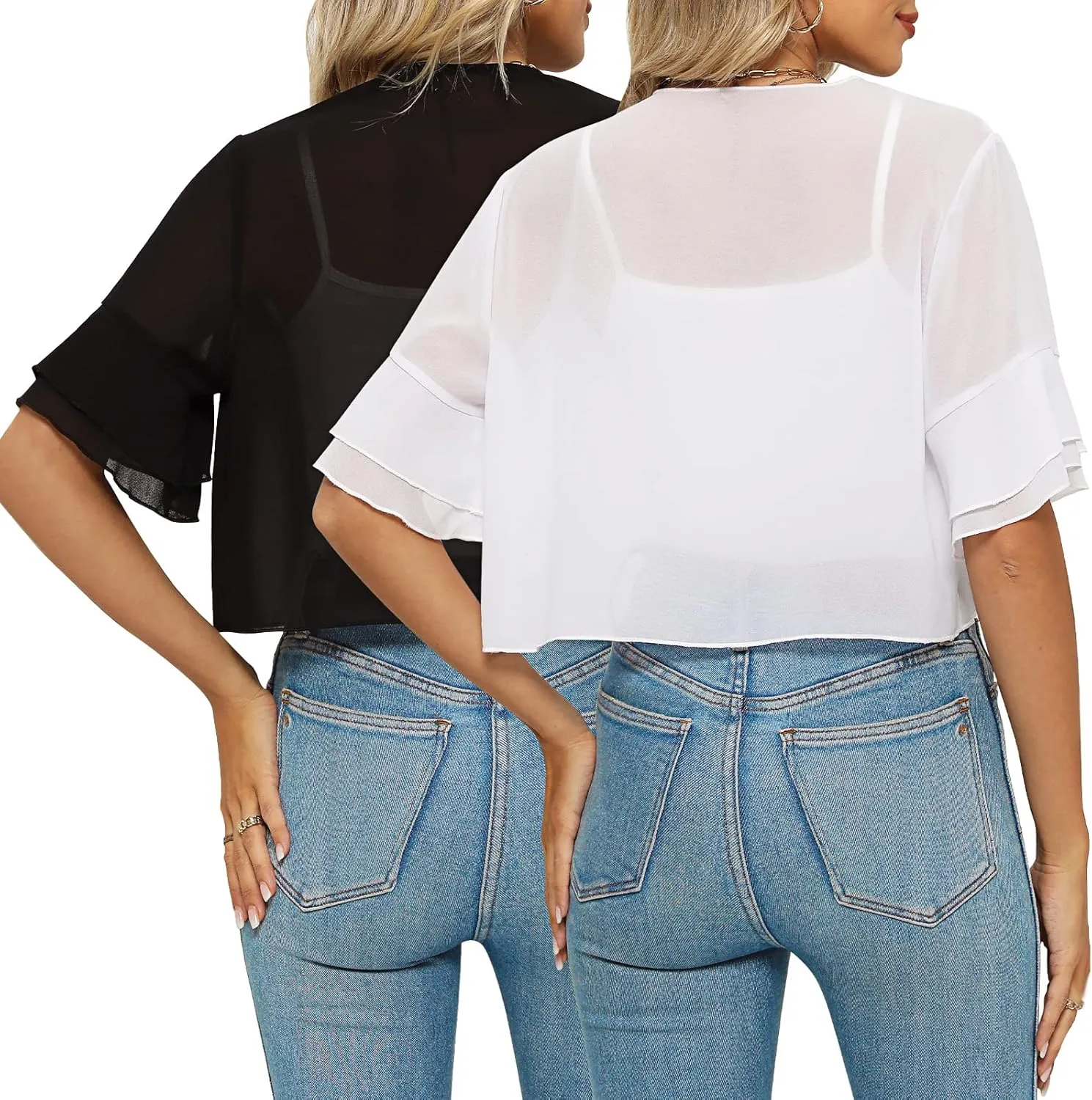 2 Pack Women Sheer Shrug, 3/4 Sleeve Bolero Cardigan Lightweight Chiffon Cropped Tops Open Front Shrug for Evening Dresses
