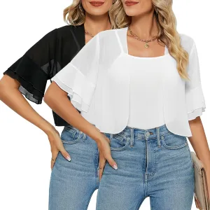 2 Pack Women Sheer Shrug, 3/4 Sleeve Bolero Cardigan Lightweight Chiffon Cropped Tops Open Front Shrug for Evening Dresses