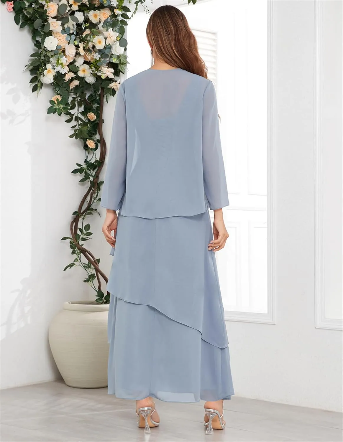 2 Piece Long Chiffon Mother of The Bride Dresses with Jacket for Wedding Mother of The Groom Dress Ruffles