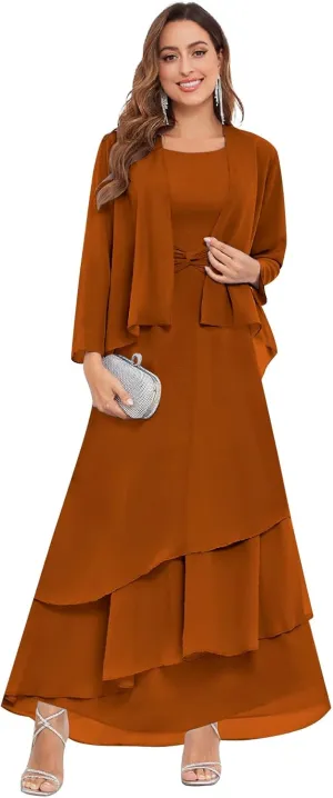 2 Piece Long Chiffon Mother of The Bride Dresses with Jacket for Wedding Mother of The Groom Dress Ruffles