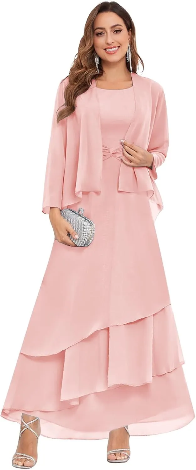2 Piece Long Chiffon Mother of The Bride Dresses with Jacket for Wedding Mother of The Groom Dress Ruffles