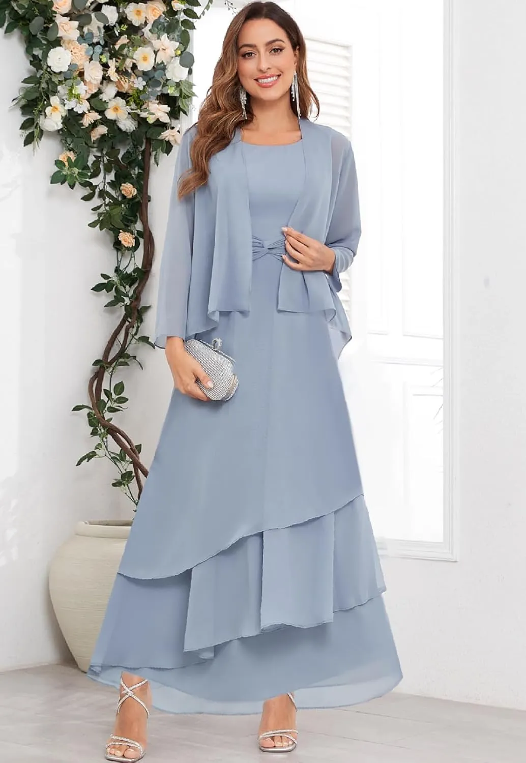 2 Piece Long Chiffon Mother of The Bride Dresses with Jacket for Wedding Mother of The Groom Dress Ruffles