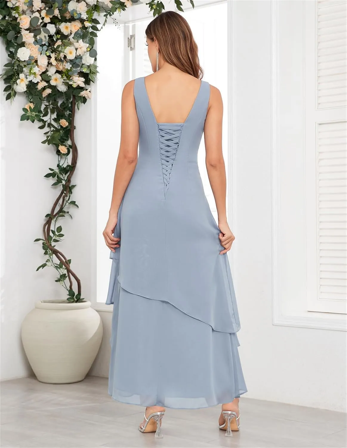 2 Piece Long Chiffon Mother of The Bride Dresses with Jacket for Wedding Mother of The Groom Dress Ruffles
