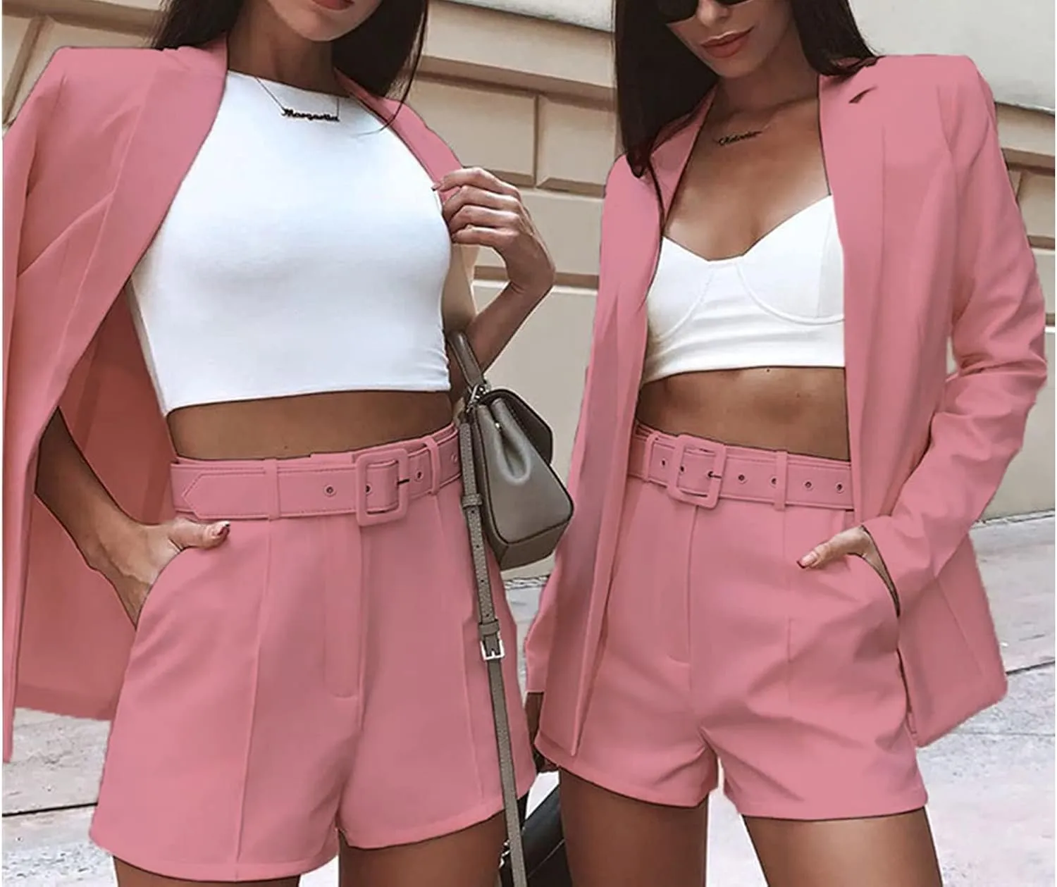 2 Piece Outfits for Women Long Sleeve Solid Open Front Blazer Shorts with Belt Casual Elegant Business Suit Sets