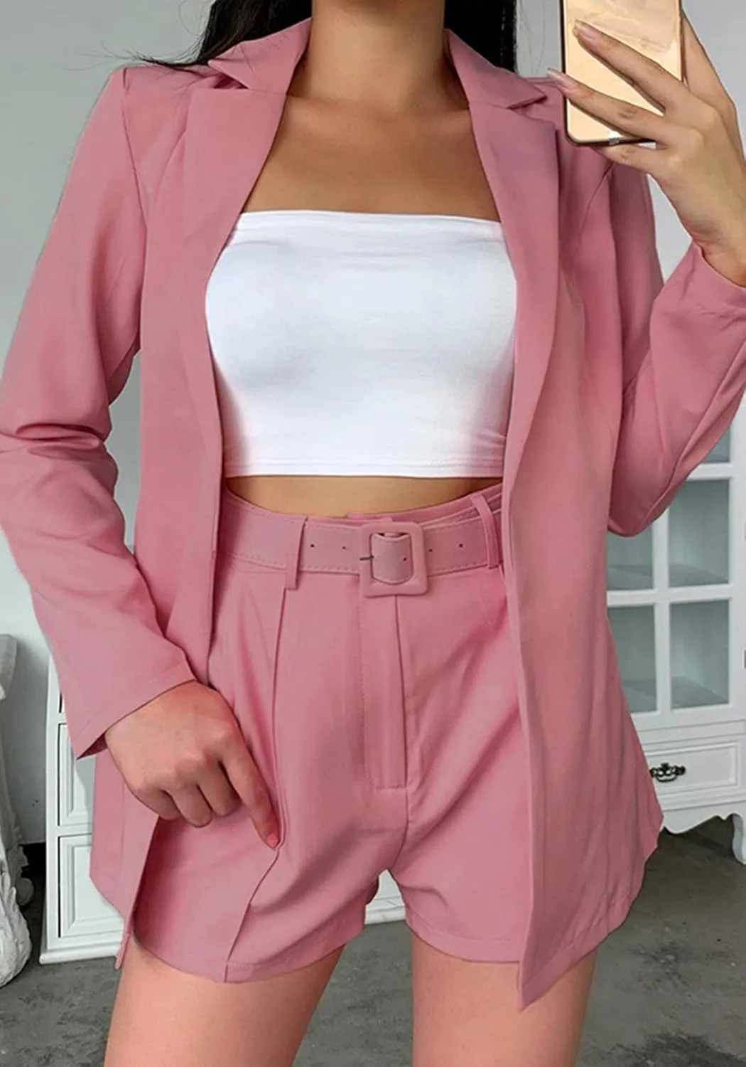 2 Piece Outfits for Women Long Sleeve Solid Open Front Blazer Shorts with Belt Casual Elegant Business Suit Sets
