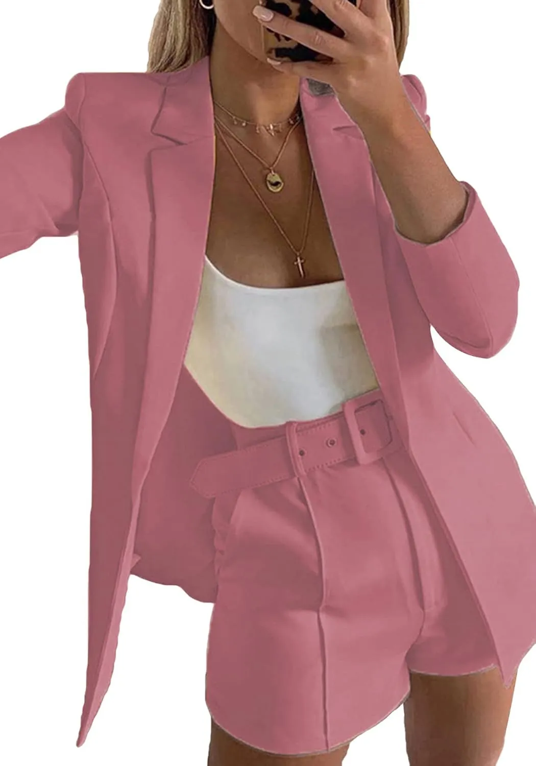 2 Piece Outfits for Women Long Sleeve Solid Open Front Blazer Shorts with Belt Casual Elegant Business Suit Sets