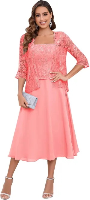 2 Pieces Lace Mother of The Bride Dresses for Wedding Tea Length Chiffon Formal Party Gown with Jacket