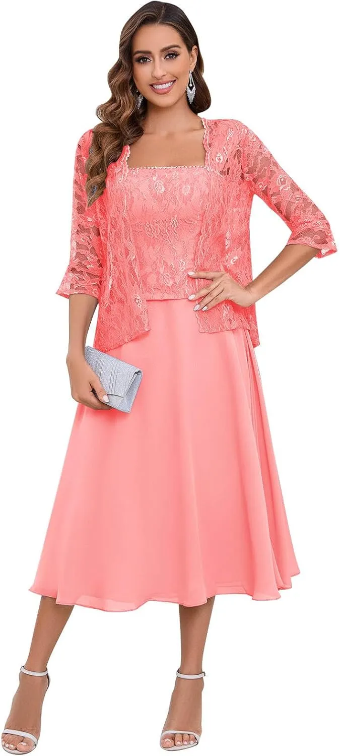 2 Pieces Lace Mother of The Bride Dresses for Wedding Tea Length Chiffon Formal Party Gown with Jacket