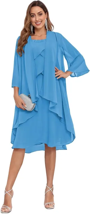 2 Pieces Mother of The Bride Dress for Wedding Knee Length Ruffles A-Line Chiffon Formal Gown with Jacket