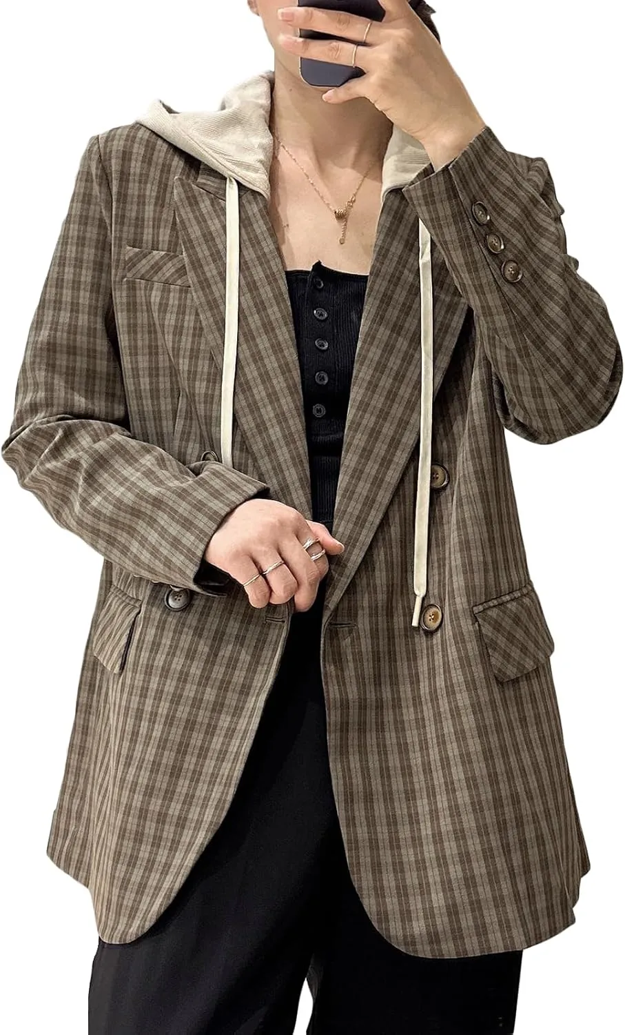 2025 Women's Spring Hooded Blazer Jacket Double-Breasted Oversize Loose Fully-Lined Work Office Suit with Pockets