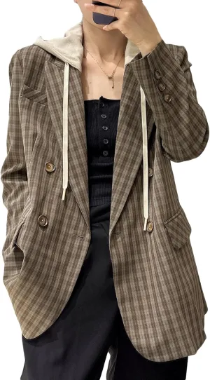 2025 Women's Spring Hooded Blazer Jacket Double-Breasted Oversize Loose Fully-Lined Work Office Suit with Pockets