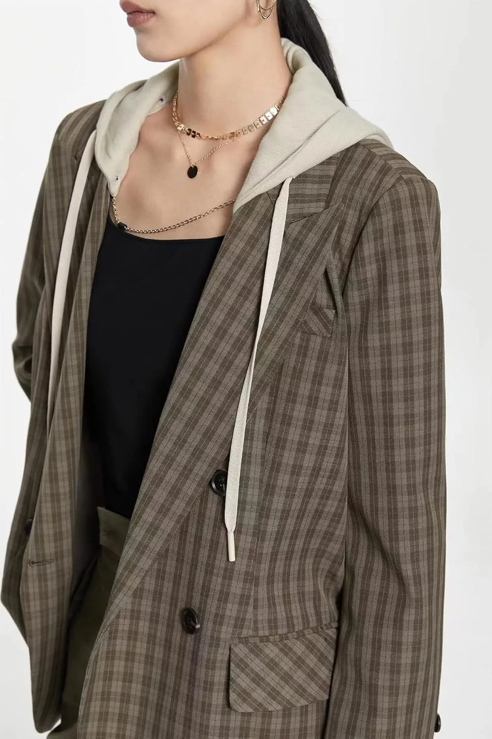 2025 Women's Spring Hooded Blazer Jacket Double-Breasted Oversize Loose Fully-Lined Work Office Suit with Pockets