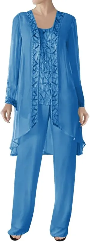 3 Pieces Mother of The Bride Dress Pant Suits Beaded Evening Formal Dress Chiffon Jacket Wedding Guest Groom Women's