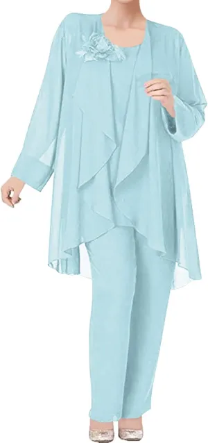 3 Pieces Mother of The Bride Dress Pant Suits Chiffon Flower Evening Formal Dress for Wedding Guest Groom Women's