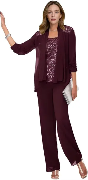 3 Pieces Mother of The Bride Pant Suit for Women Casual Sequin Chiffon Formal Outfits Long Pantsuits with Jacket