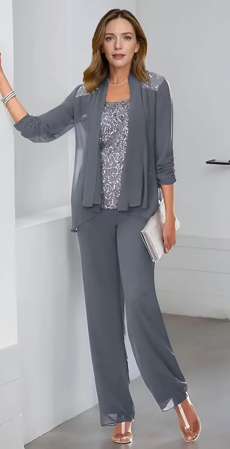 3 Pieces Mother of The Bride Pant Suit for Women Casual Sequin Chiffon Formal Outfits Long Pantsuits with Jacket