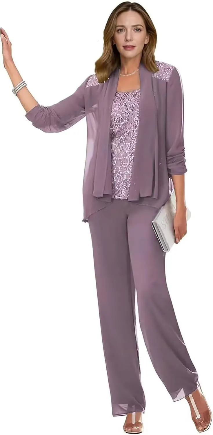 3 Pieces Mother of The Bride Pant Suit for Women Casual Sequin Chiffon Formal Outfits Long Pantsuits with Jacket