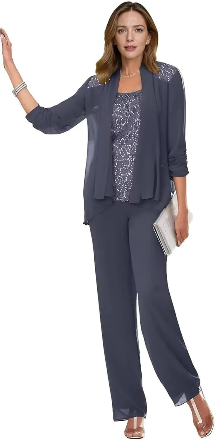 3 Pieces Mother of The Bride Pant Suit for Women Casual Sequin Chiffon Formal Outfits Long Pantsuits with Jacket