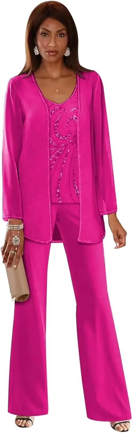 3 Pieces Mother of The Bride Pant Suits Sequin Chiffon Pant Suits for Wedding Formal Women