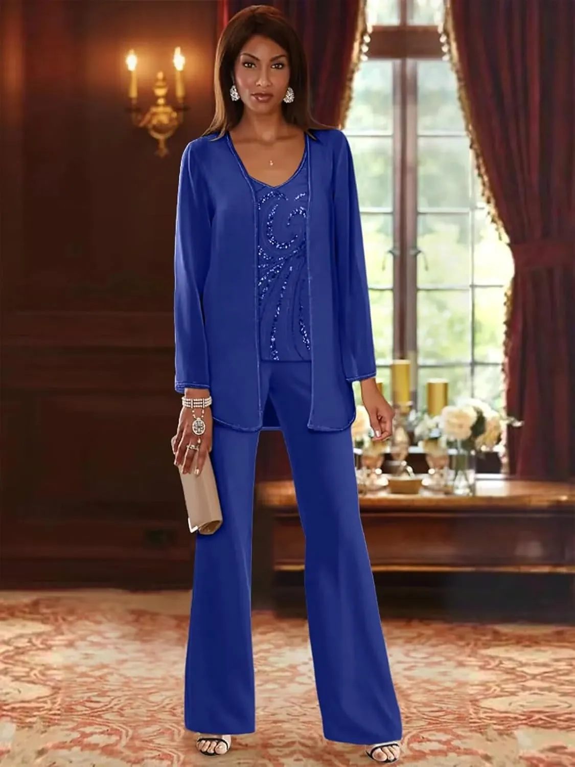 3 Pieces Mother of The Bride Pant Suits Sequin Chiffon Pant Suits for Wedding Formal Women