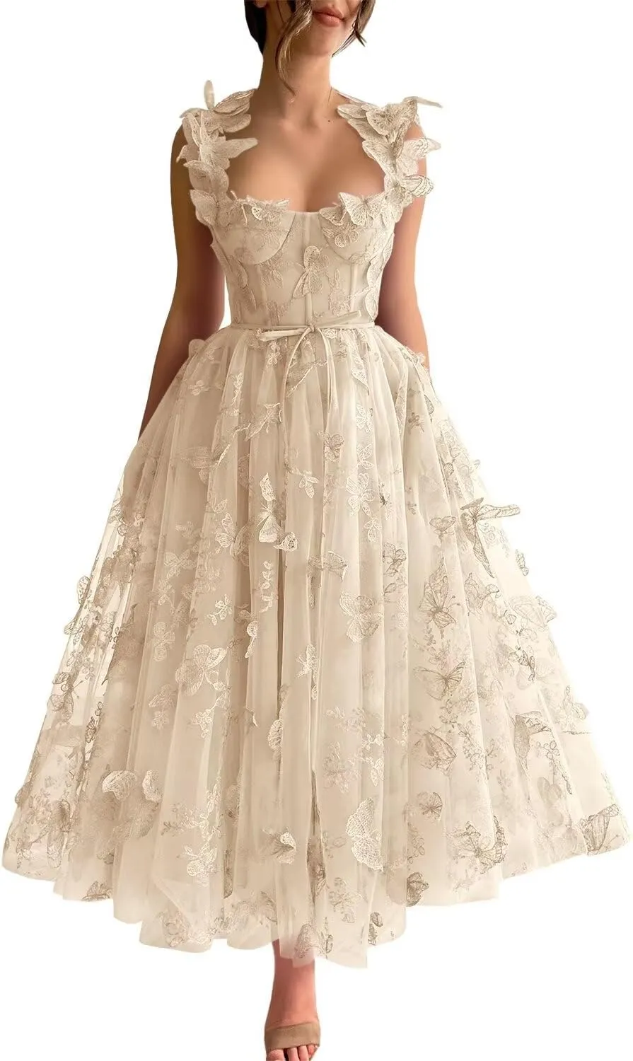 3D Butterfly Tulle Prom Dresses Tea Length Lace Appliques Embroidery A Line Formal Evening Party Gowns with Pockets