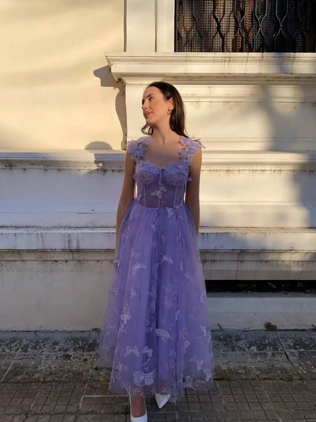3D Butterfly Tulle Prom Dresses Tea Length Lace Appliques Embroidery A Line Formal Evening Party Gowns with Pockets