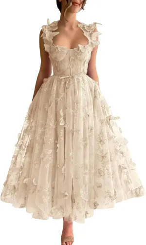 3D Butterfly Tulle Prom Dresses Tea Length Lace Appliques Embroidery A Line Formal Evening Party Gowns with Pockets