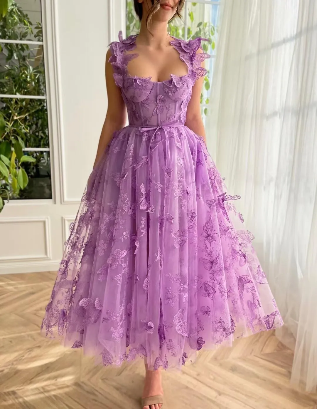 3D Butterfly Tulle Prom Dresses Tea Length Lace Appliques Embroidery A Line Formal Evening Party Gowns with Pockets