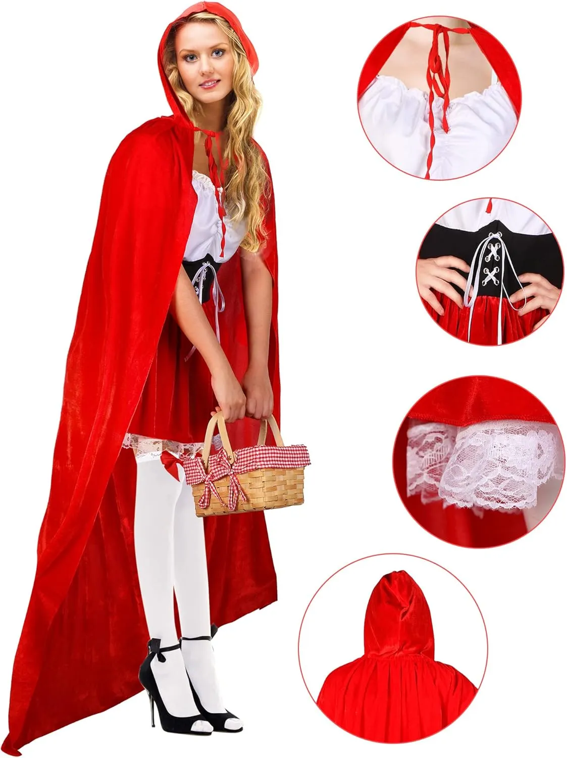 4 Pcs Women's Riding Hood Costume Halloween Party Dress with Red Hooded Cloak White High Socks Picnic Basket