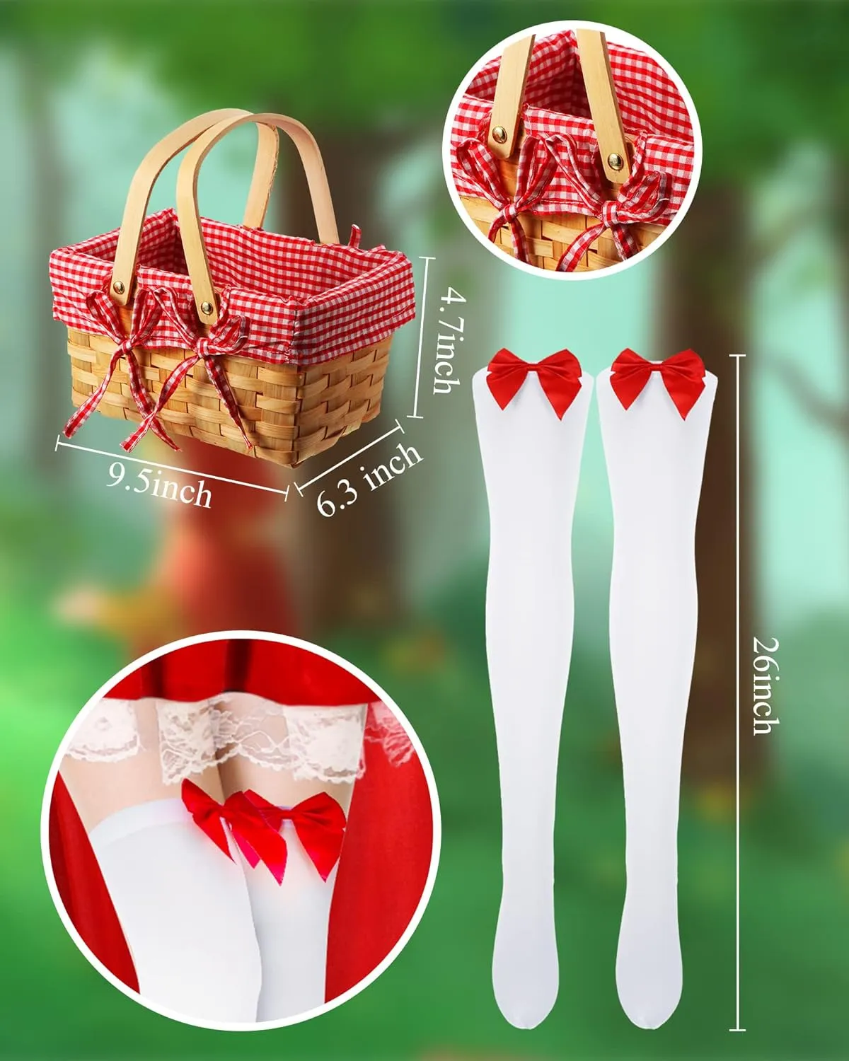 4 Pcs Women's Riding Hood Costume Halloween Party Dress with Red Hooded Cloak White High Socks Picnic Basket