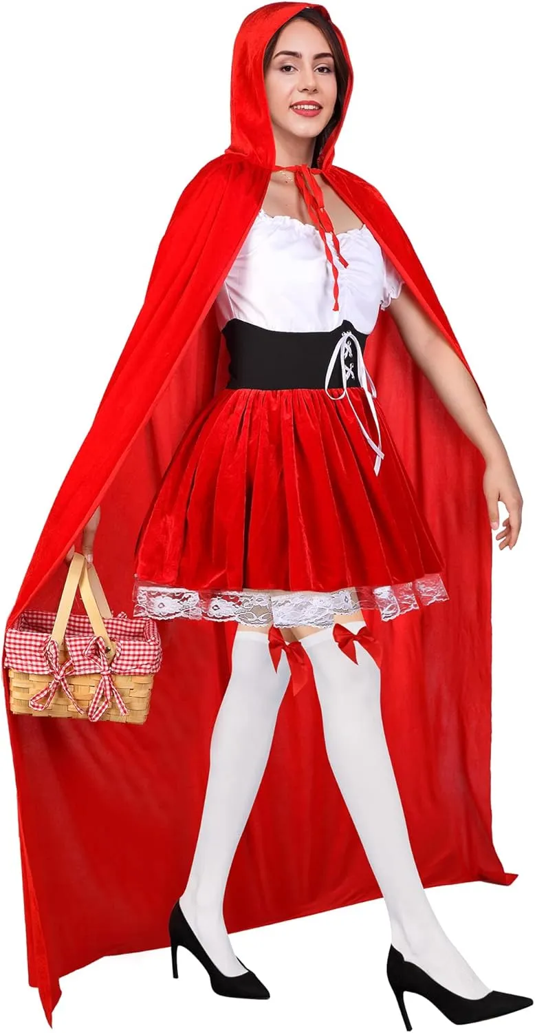 4 Pcs Women's Riding Hood Costume Halloween Party Dress with Red Hooded Cloak White High Socks Picnic Basket
