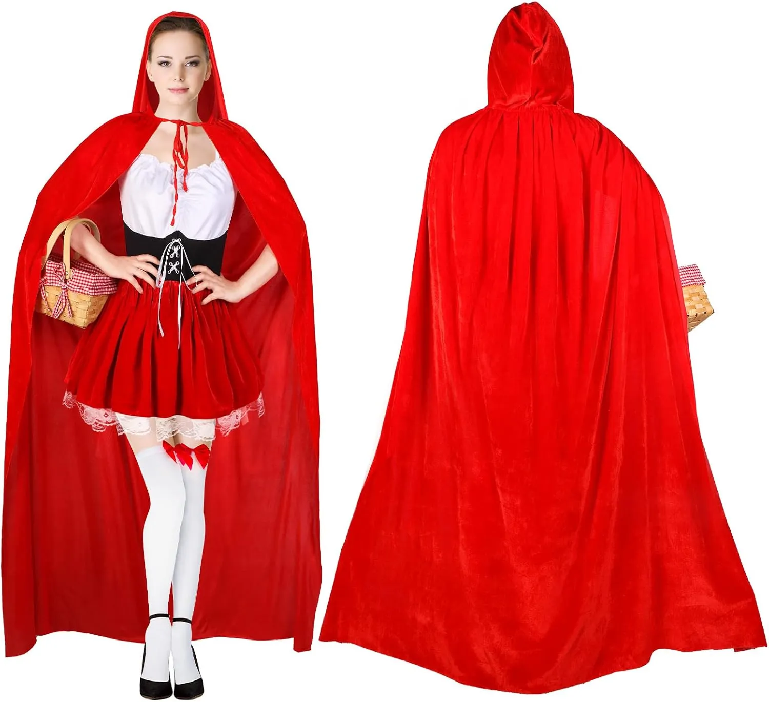 4 Pcs Women's Riding Hood Costume Halloween Party Dress with Red Hooded Cloak White High Socks Picnic Basket