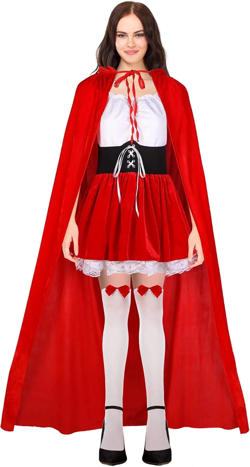4 Pcs Women's Riding Hood Costume Halloween Party Dress with Red Hooded Cloak White High Socks Picnic Basket