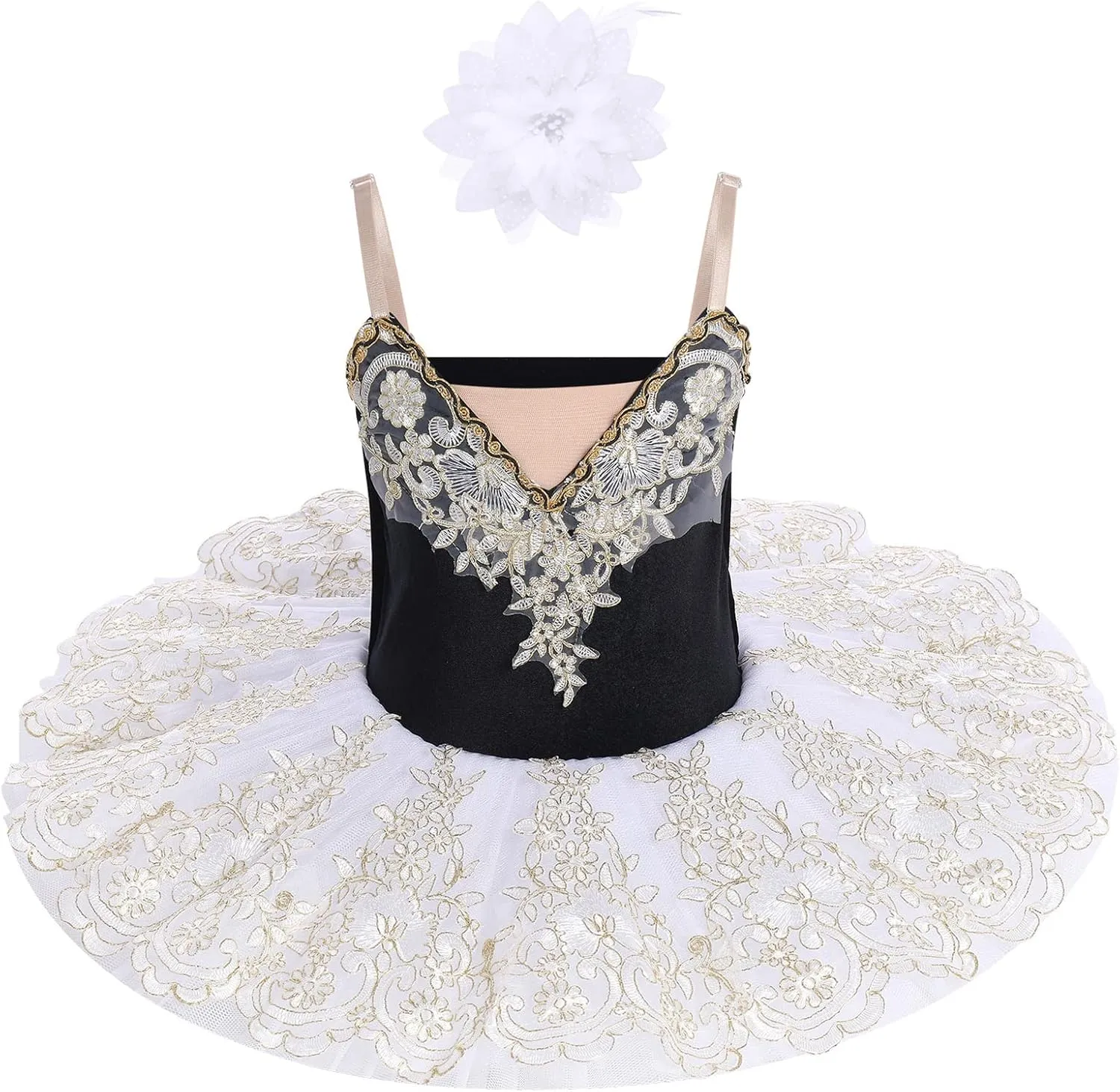 AFAVOM Ballet Leotards for Girls with Platter Tutu Professional Hard Organdy Camisole Skirt Swan Lake Feather Hem Dancewear