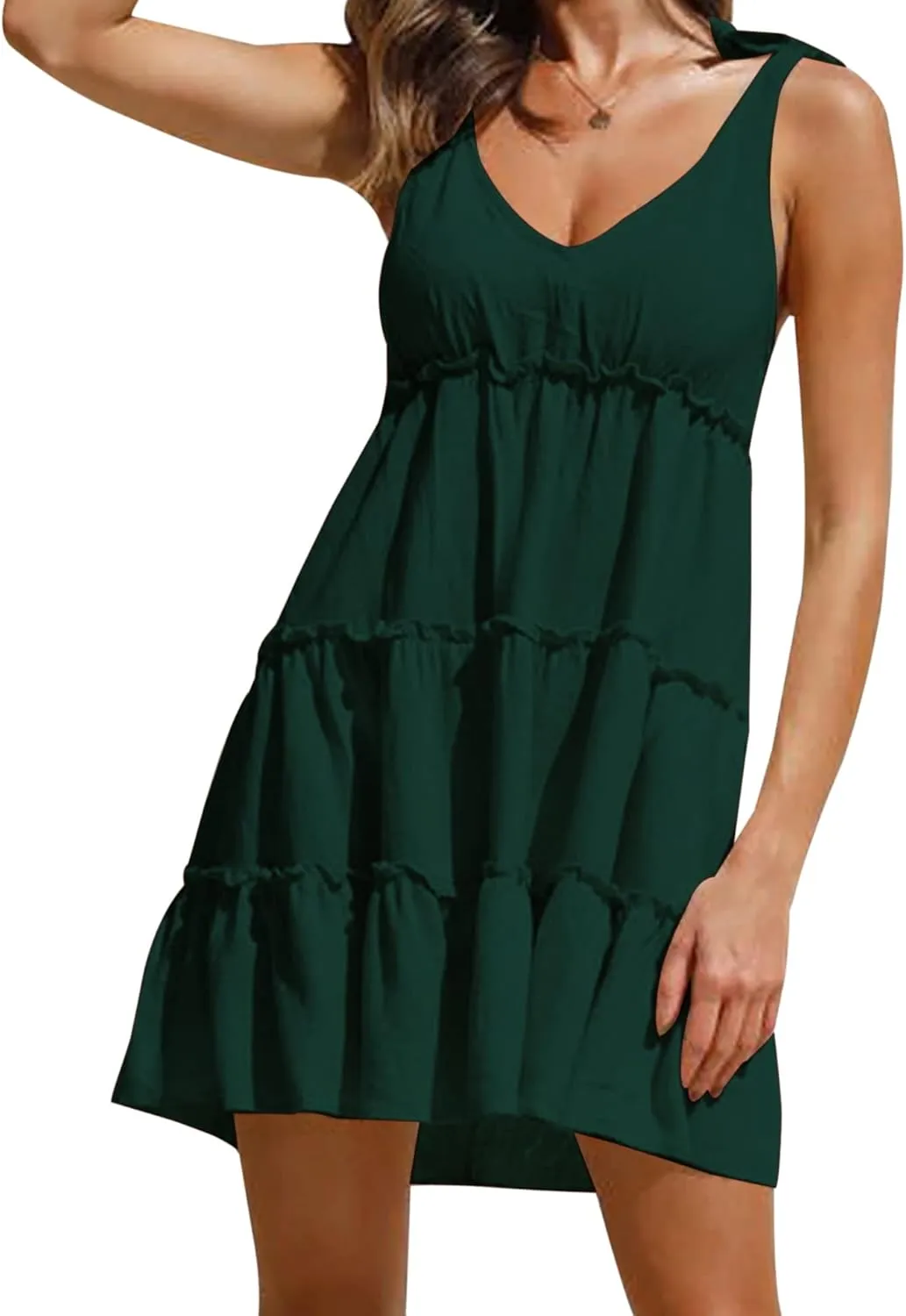 AIMCOO Women's Sleeveless Tie Shoulder Tiered Frill Swing Dress V Neck High Waist Loose Dresses Solid Mini Babydoll Dress