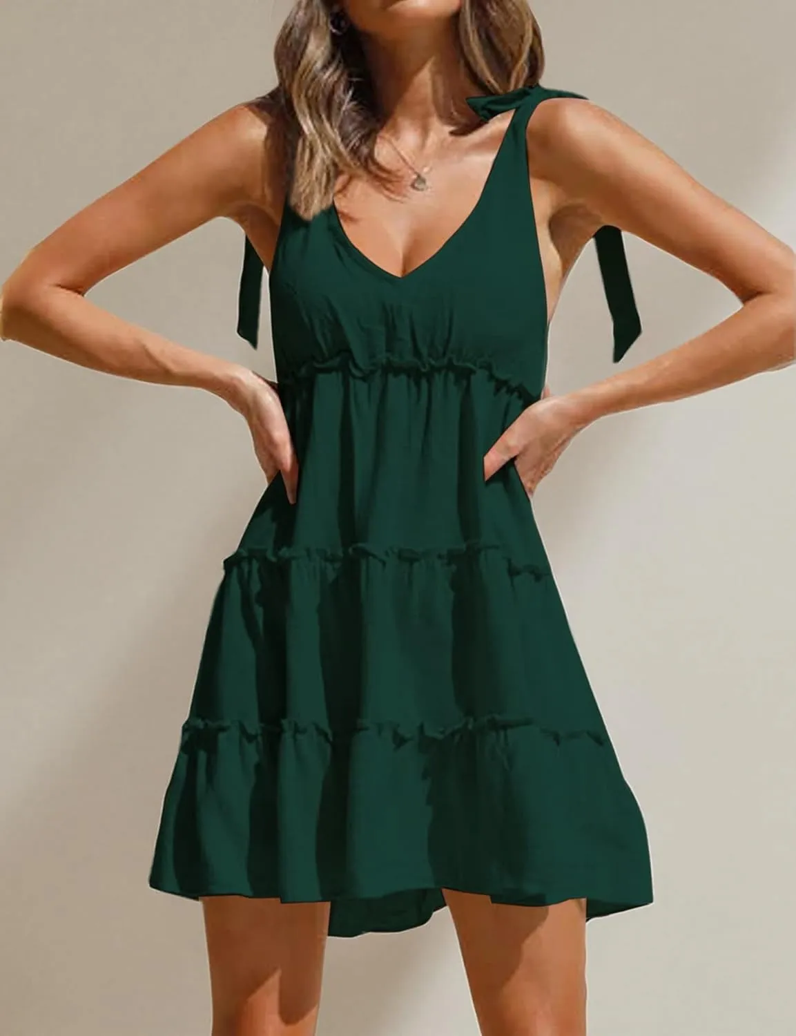 AIMCOO Women's Sleeveless Tie Shoulder Tiered Frill Swing Dress V Neck High Waist Loose Dresses Solid Mini Babydoll Dress