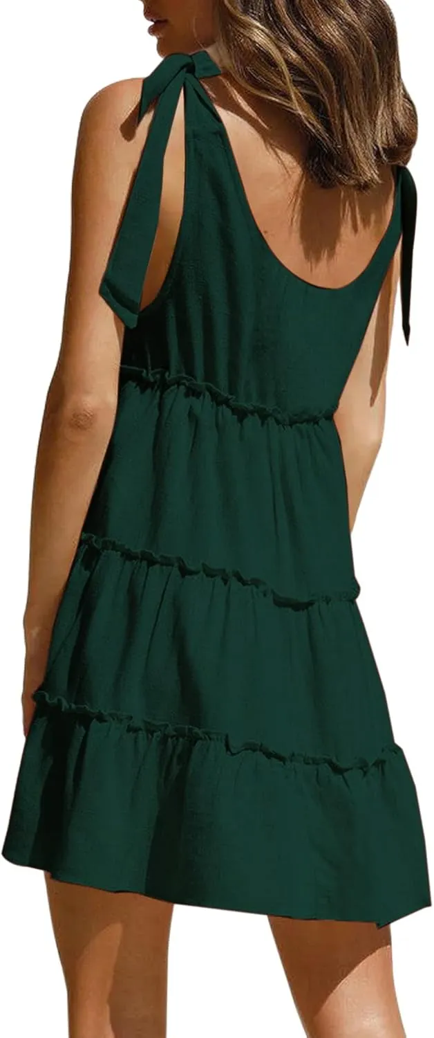 AIMCOO Women's Sleeveless Tie Shoulder Tiered Frill Swing Dress V Neck High Waist Loose Dresses Solid Mini Babydoll Dress
