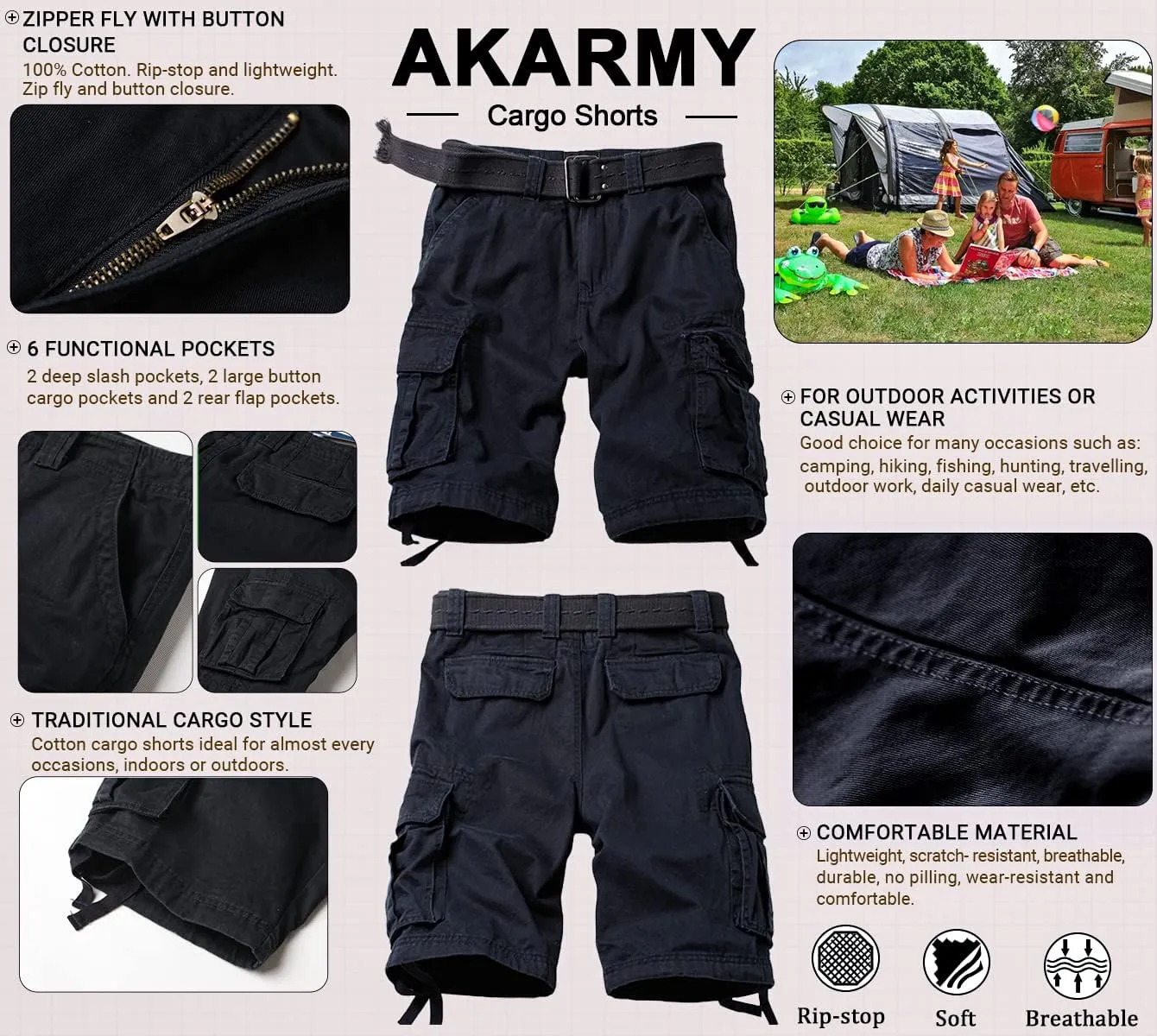 AKARMY Men's Cotton Casual Multi Pocket Outdoor Camouflage Shorts Twill Camo Cargo Shorts(No Belt)