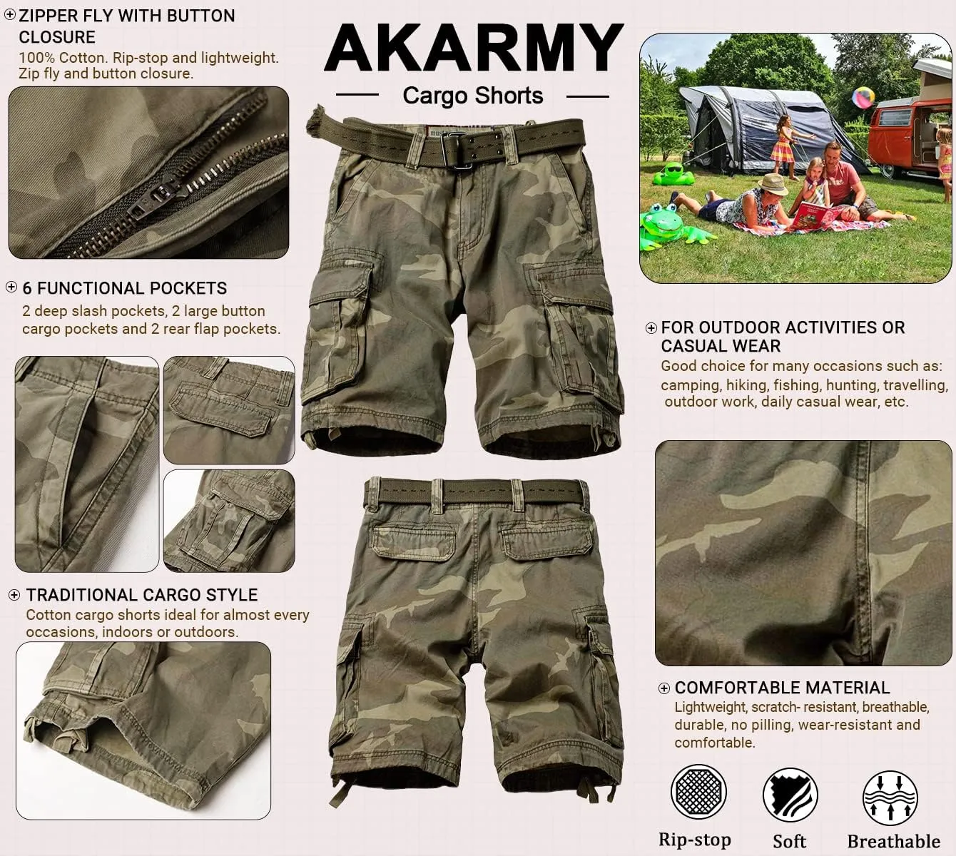 AKARMY Men's Cotton Casual Multi Pocket Outdoor Camouflage Shorts Twill Camo Cargo Shorts(No Belt)