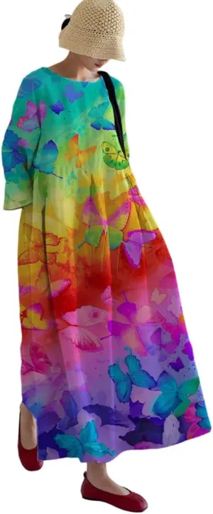 Akivide Womens Casual Loose 3/4 Sleeve Cotton Boho Floral Maxi Dresses Oversized Round Neck Long Maxi Fall Swing Dress