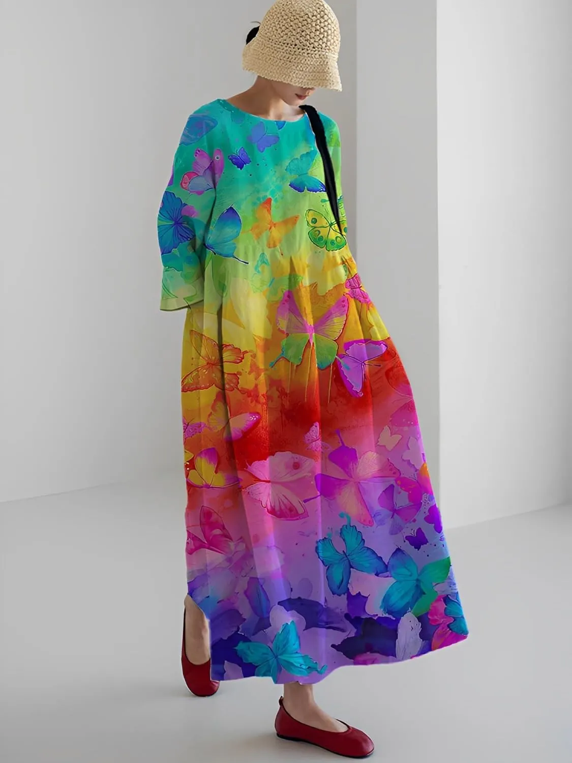 Akivide Womens Casual Loose 3/4 Sleeve Cotton Boho Floral Maxi Dresses Oversized Round Neck Long Maxi Fall Swing Dress