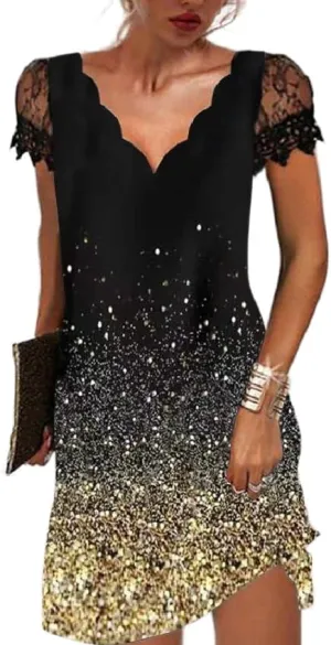Akivide Women's Elegant Floral Lace Short Sleeve Mini Dress Summer Casual V Neck Tshirt Short Sundress Black