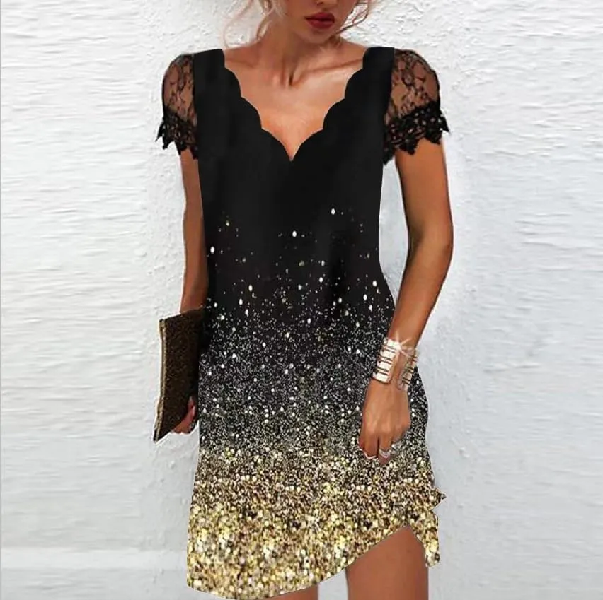 Akivide Women's Elegant Floral Lace Short Sleeve Mini Dress Summer Casual V Neck Tshirt Short Sundress Black