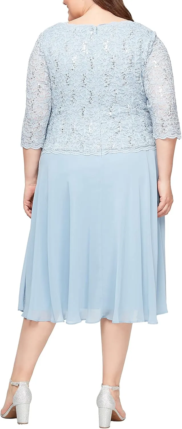 Alex Evenings Women's Plus Size Tea Length Lace Mock Dress