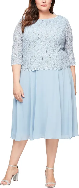 Alex Evenings Women's Plus Size Tea Length Lace Mock Dress