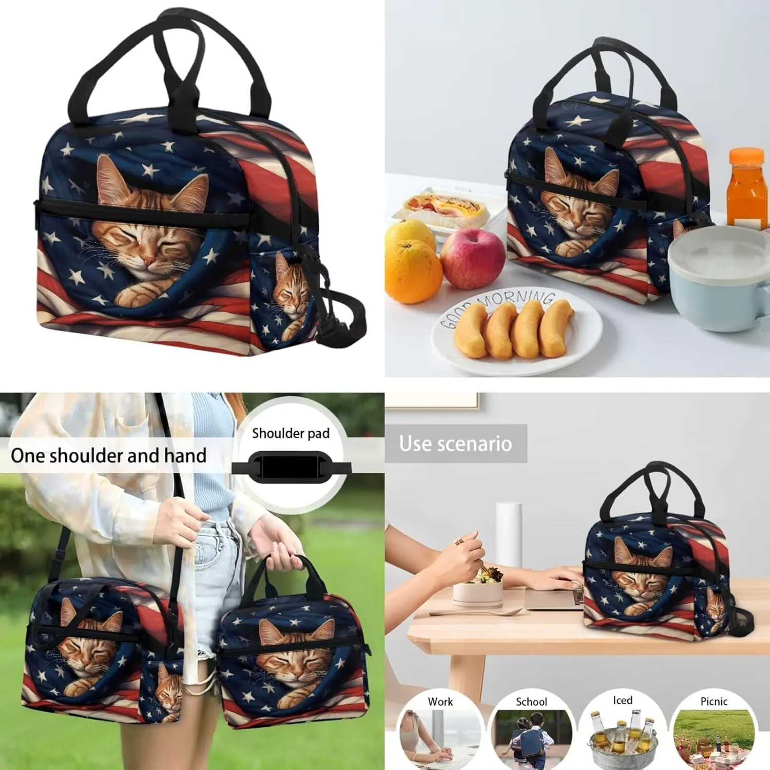 American Flag Cat Backpack Lunchbox Water Bottle Set for Girls 17 Inch Little Kid Backpacks for Senior Year 4pcs Simple Modern Lunch Bag Pencil Case for School Large Capacity Easy Clean