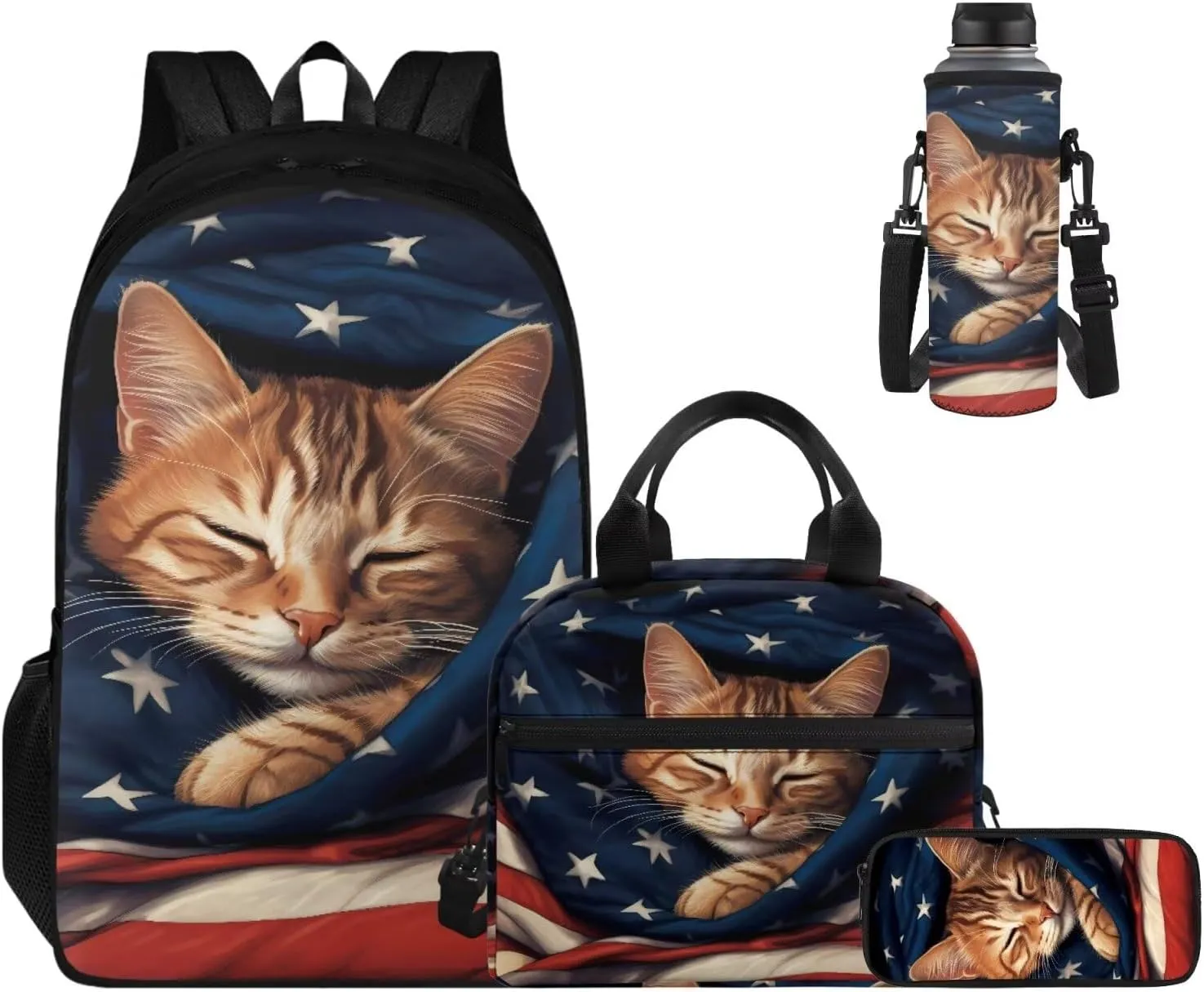 American Flag Cat Backpack Lunchbox Water Bottle Set for Girls 17 Inch Little Kid Backpacks for Senior Year 4pcs Simple Modern Lunch Bag Pencil Case for School Large Capacity Easy Clean