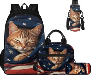 American Flag Cat Backpack Lunchbox Water Bottle Set for Girls 17 Inch Little Kid Backpacks for Senior Year 4pcs Simple Modern Lunch Bag Pencil Case for School Large Capacity Easy Clean