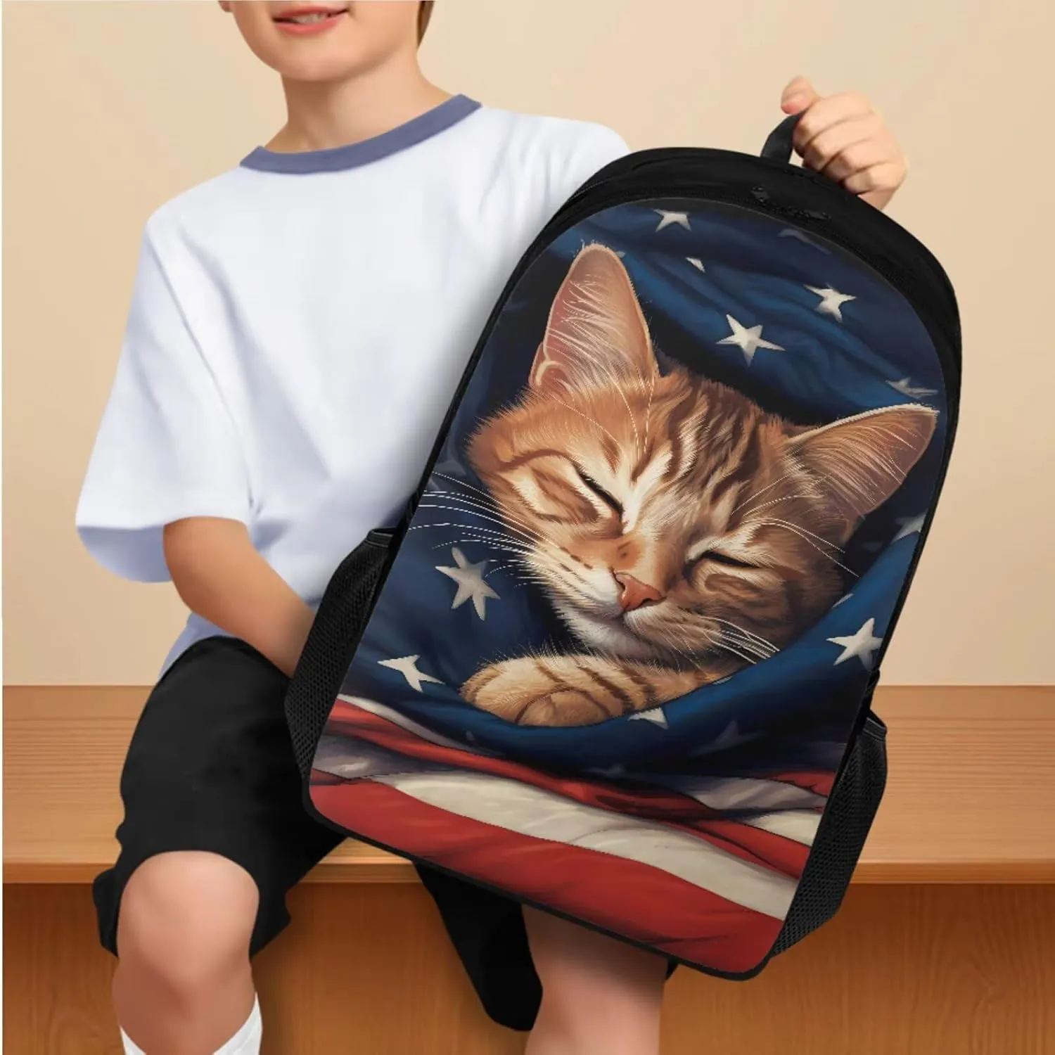 American Flag Cat Backpack Lunchbox Water Bottle Set for Girls 17 Inch Little Kid Backpacks for Senior Year 4pcs Simple Modern Lunch Bag Pencil Case for School Large Capacity Easy Clean