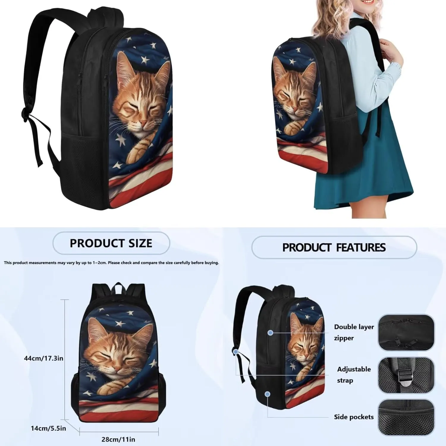 American Flag Cat Backpack Lunchbox Water Bottle Set for Girls 17 Inch Little Kid Backpacks for Senior Year 4pcs Simple Modern Lunch Bag Pencil Case for School Large Capacity Easy Clean